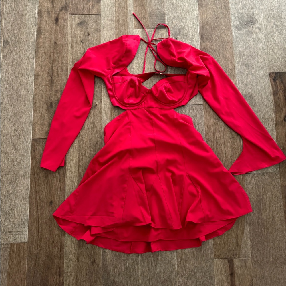 SIZE U.S 8, OH POLLY MINI RED CHERRY LONG SLEEVE GODET DRESS, NEVER WORN, NEW!